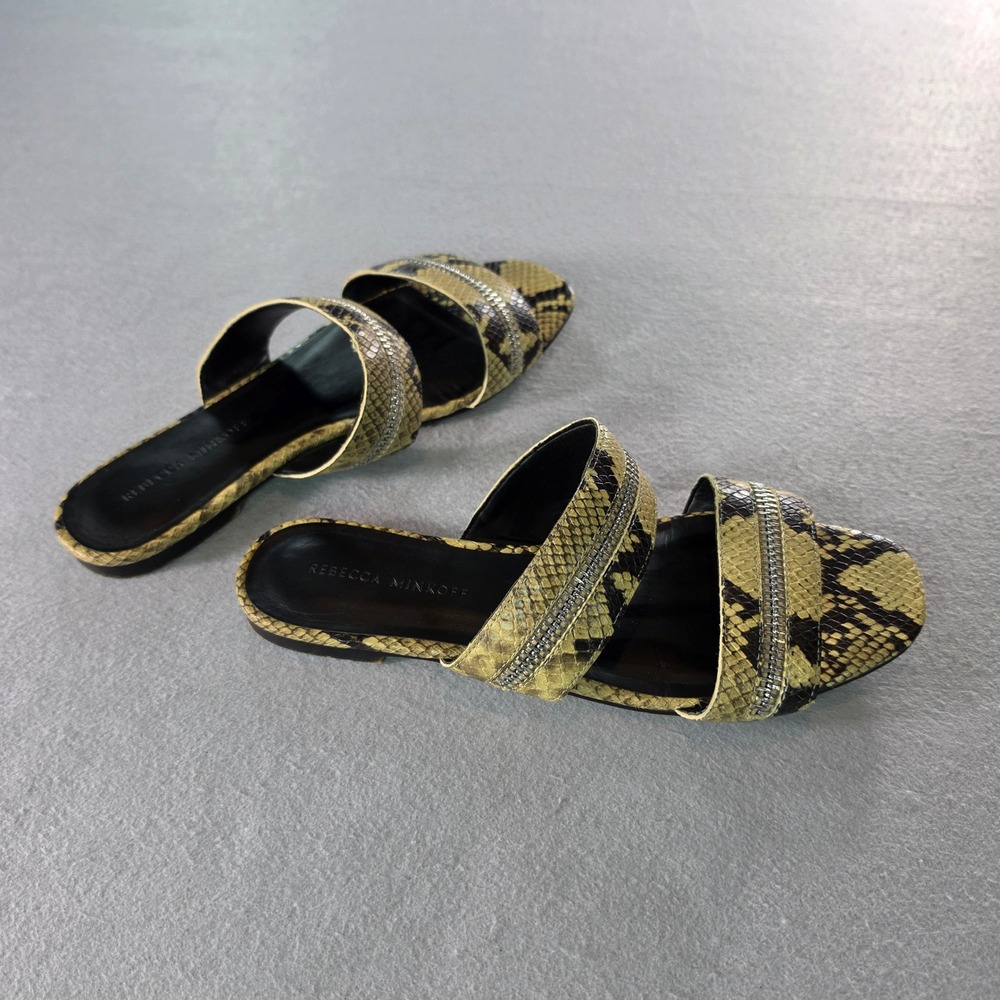 Rebecca Minkoff Snakeskin Embossed Leather Zipper Trim Slide Sandals Yellow 8.5M